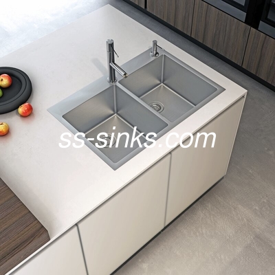 18 Guage El Yapımı Çift Kase Lavabo Damla Saten Fırçalı